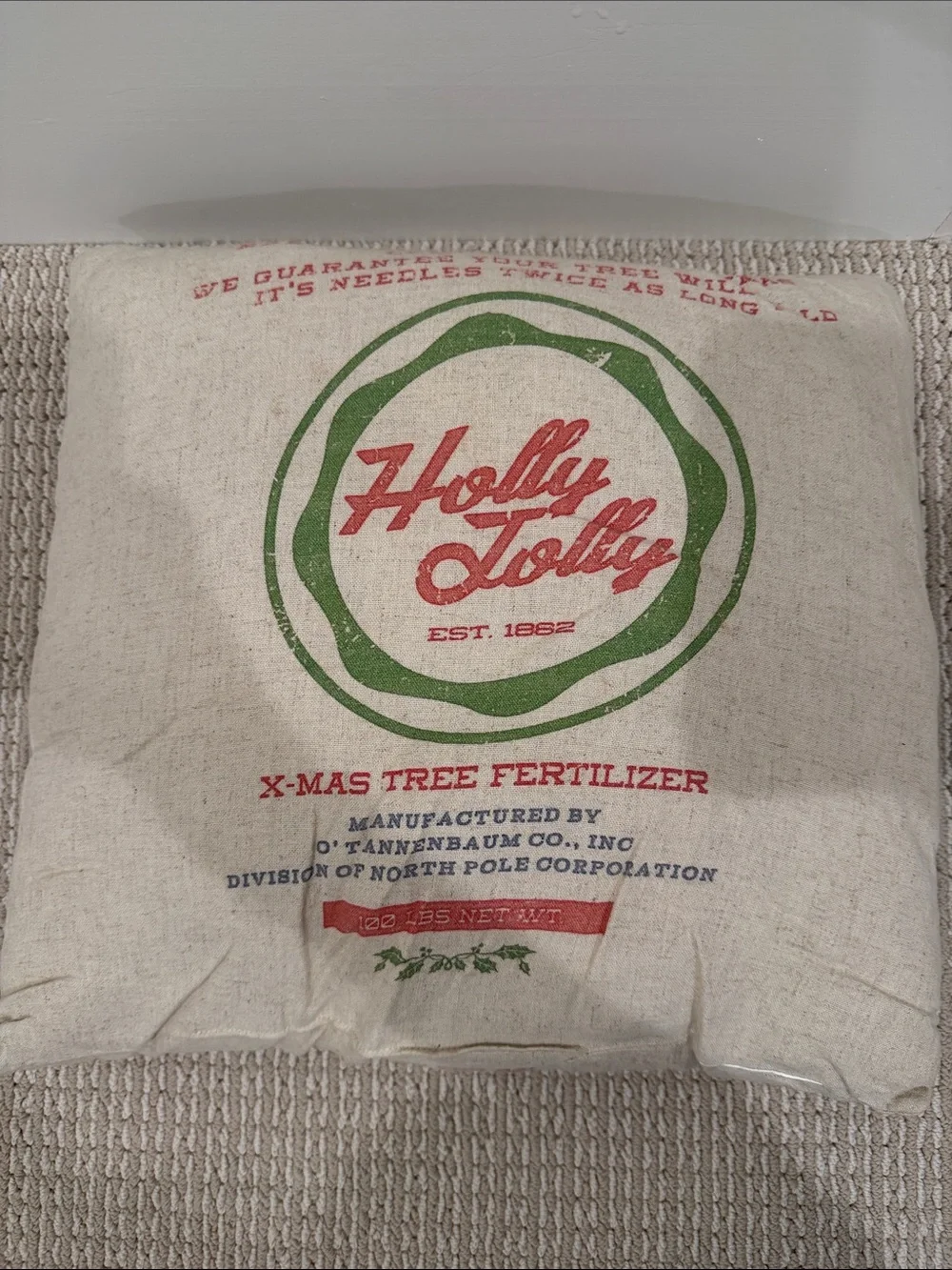 Holly Jolly Holiday Decorative Pillow - Cream with Red & Green